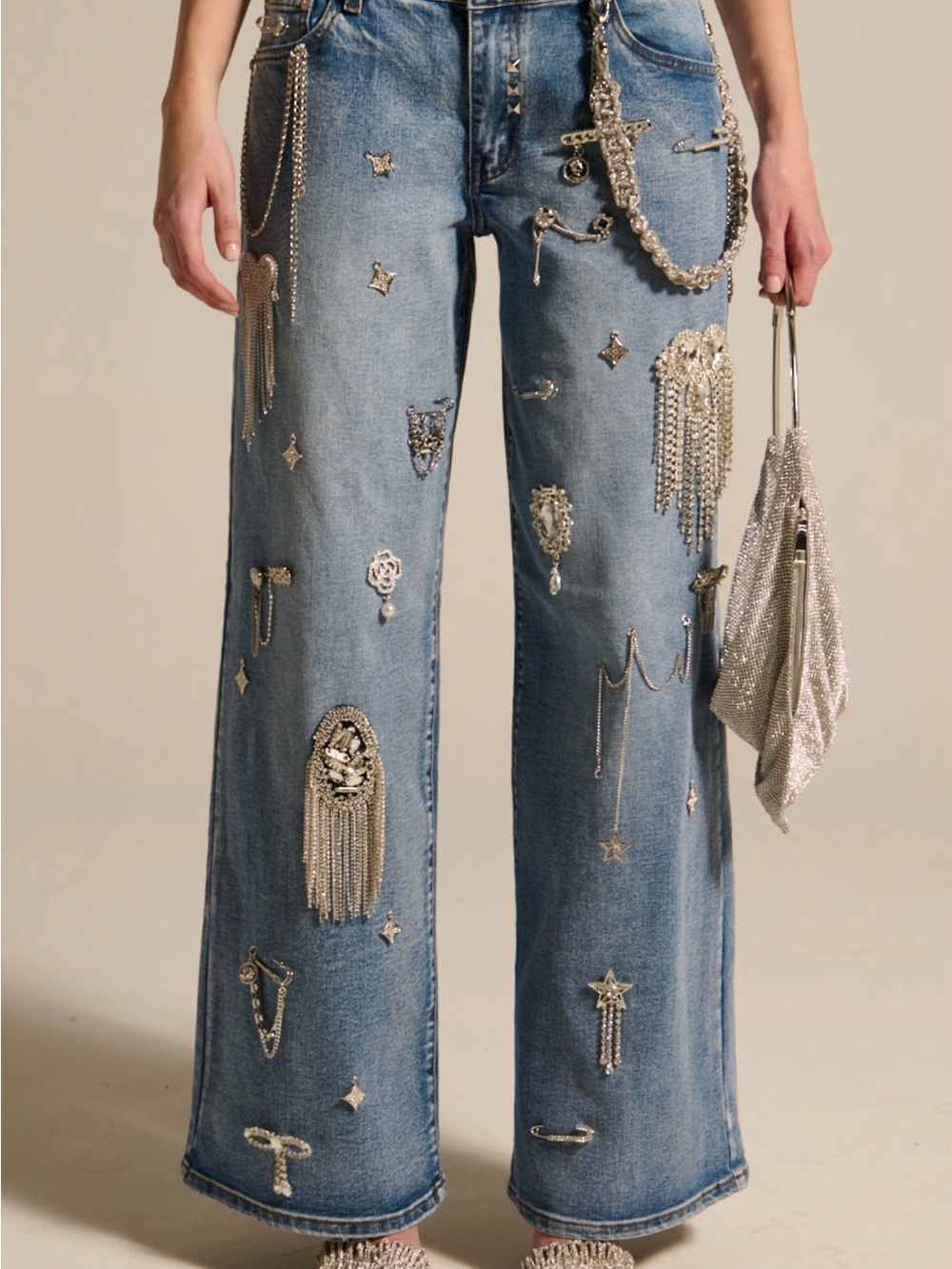 Akira Crystal Embellished Light Blue Wide-Leg Women’s Jeans